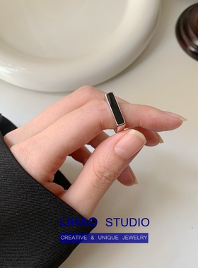 LIHAO黑色光面长方形开口戒指女简约个性百搭小众设计高级冷淡风