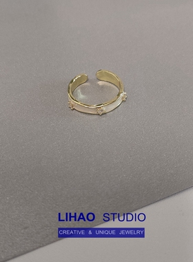 LIHAO法式复古微镶锆石戒指女珐琅滴釉ins风精致温柔可调节指环