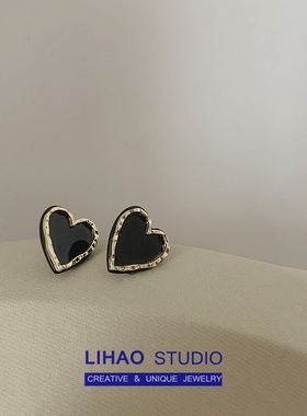 LIHAO复古黑色撞色桃心耳钉女S925银针韩国INS金属百搭高级感耳环