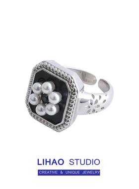 LIHAO宽版复古黑色戒指女INS潮人珍珠花朵个性时尚简约欧美食指环