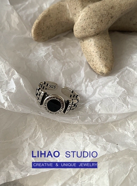 LIHAO黑色圆牌罗马数字戒指女INS潮流韩版简约时尚甜酷做旧复古风