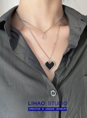 LIHAO黑色马赛克爱心项链女夏INS潮冷淡风复古像素双层钛钢不掉色