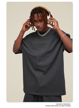 WetGrade305G短袖重磅纯棉落肩纯色街头美式圆领男女同款纯白t恤