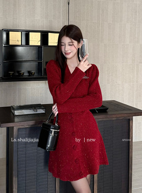 LS 优雅v领泡泡袖针织修身连衣裙 广州十三行25秋冬新品女装AP224