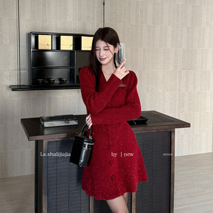 LS 优雅v领泡泡袖针织修身连衣裙 广州十三行25秋冬新品女装AP224