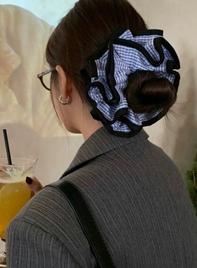 韩系格子蕾丝发圈 超大号丸子头发饰头花