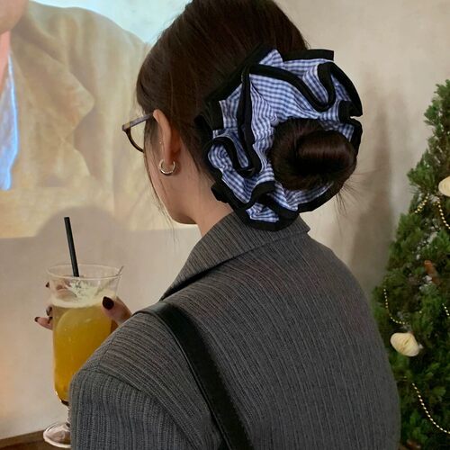 韩系格子蕾丝发圈 超大号丸子头发饰头花