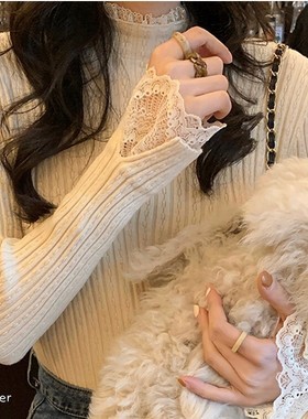 法式拼接蕾丝内搭针织衫女秋冬新款修身显瘦半高领毛衣打底衫上衣
