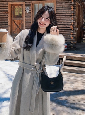 现货真狐狸毛双面羊绒大衣 秋冬外套女