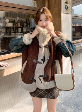现货主推牛仔拼接鹿皮绒外套 冬装外套女