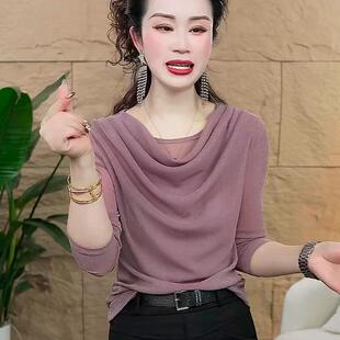 女气质百搭纯色显瘦长袖 高级堆堆领打底小衫 T恤上衣 时尚 早春新款