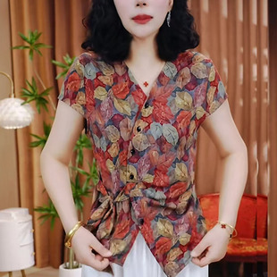 上衣女洋气休闲减龄显瘦轻薄棉T恤 夏季 新款 妈妈装 系带收腰V领短袖