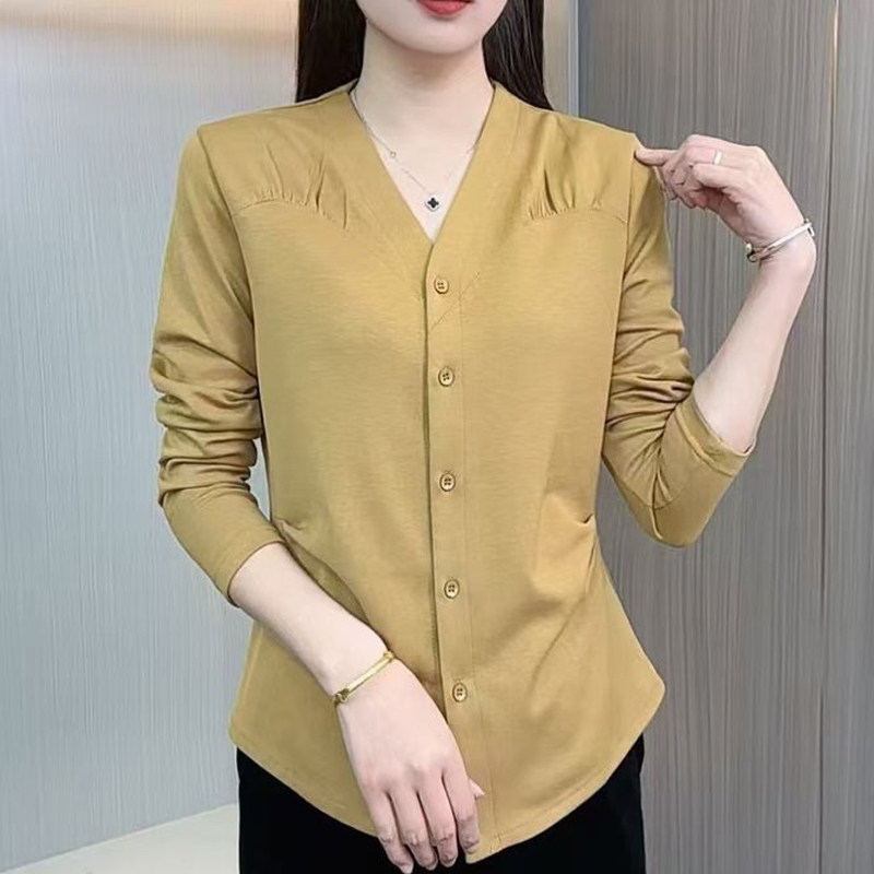 洋气女装纯棉V领大码长袖T恤春季纯色显瘦百搭纽扣开衫薄款上衣女