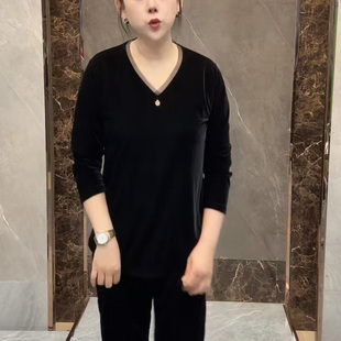 大码轻奢金丝绒长袖t恤女春秋新款打底上衣短款洋气女装遮肚小衫