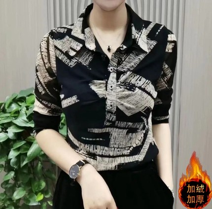 时髦妈妈装秋冬季加绒加厚衬衫减龄女装洋气显瘦百搭保暖打底衫潮