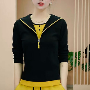 洋气女春季新品假两件全棉t恤2026年时尚女士设计感小众百搭上衣