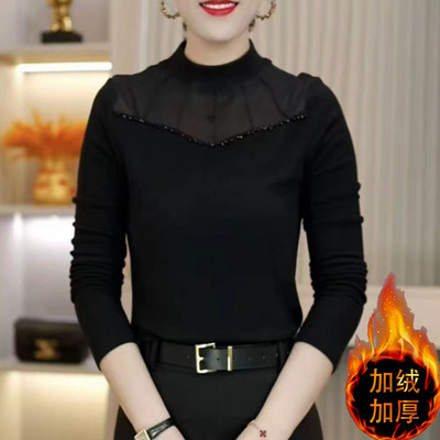 半高领烫钻蕾丝加绒打底衫女
