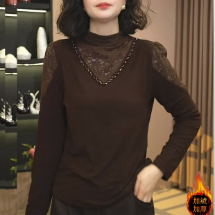 秋冬加厚打底衫女洋气新款蕾丝内搭显瘦保暖半高领加绒上衣女