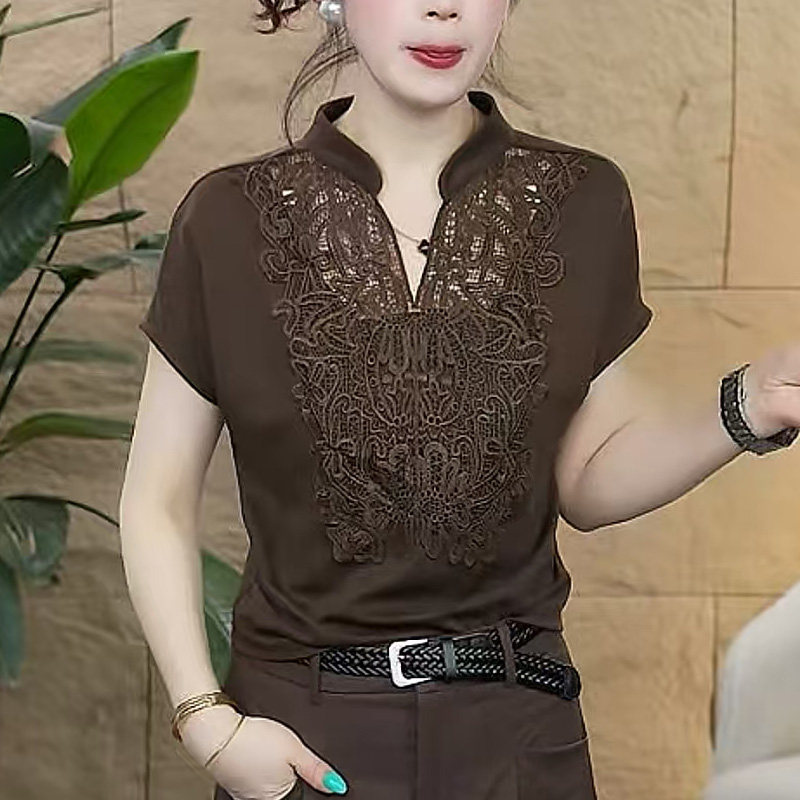 时尚女装休闲风V领短袖T恤夏季蕾丝花边套头女装上衣洋气遮肚小衫