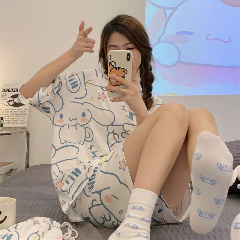 送收纳袋日系新款睡衣女夏季短袖薄款卡通圆领学生夏天家居服套装