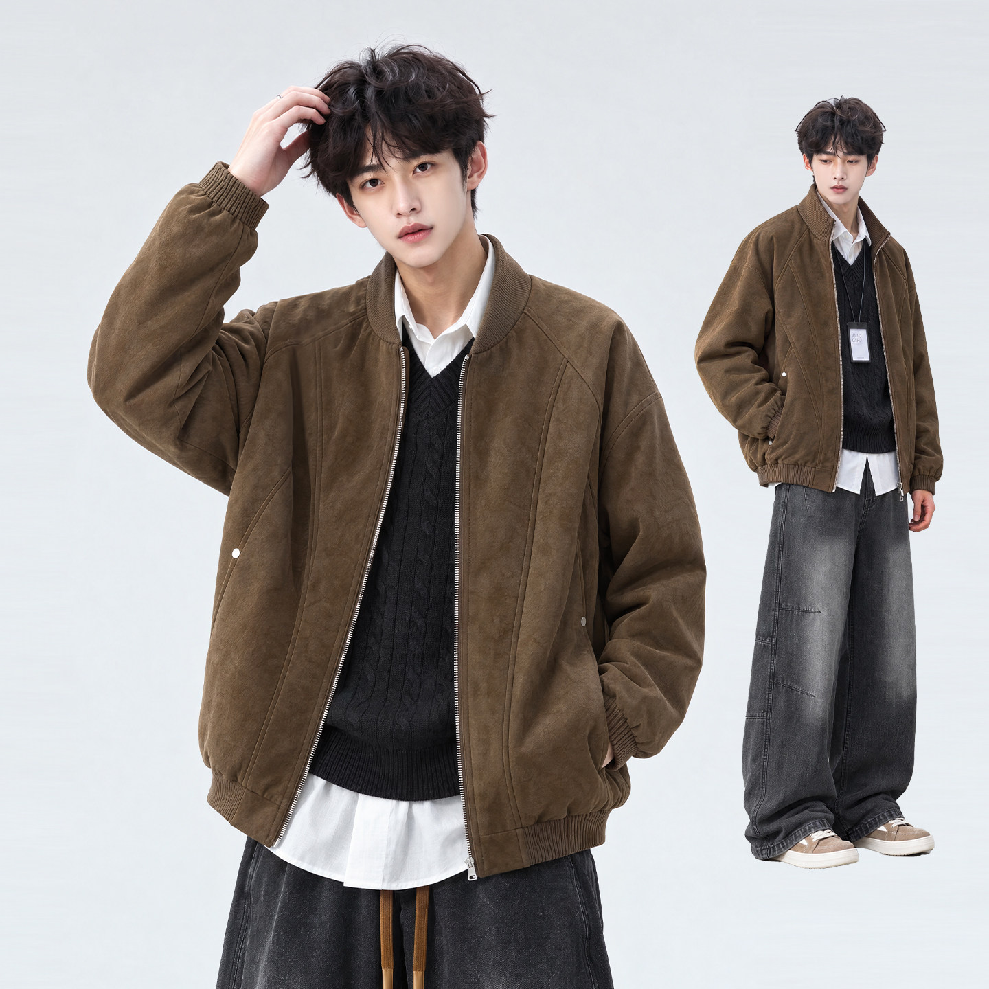 美式复古棒球领皮夹克男款秋季宽松休闲百搭机车服男士慵懒风外套