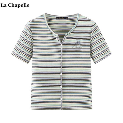 拉夏贝尔/La Chapelle韩系彩色条纹短袖T恤女夏季新款正肩V岭上衣