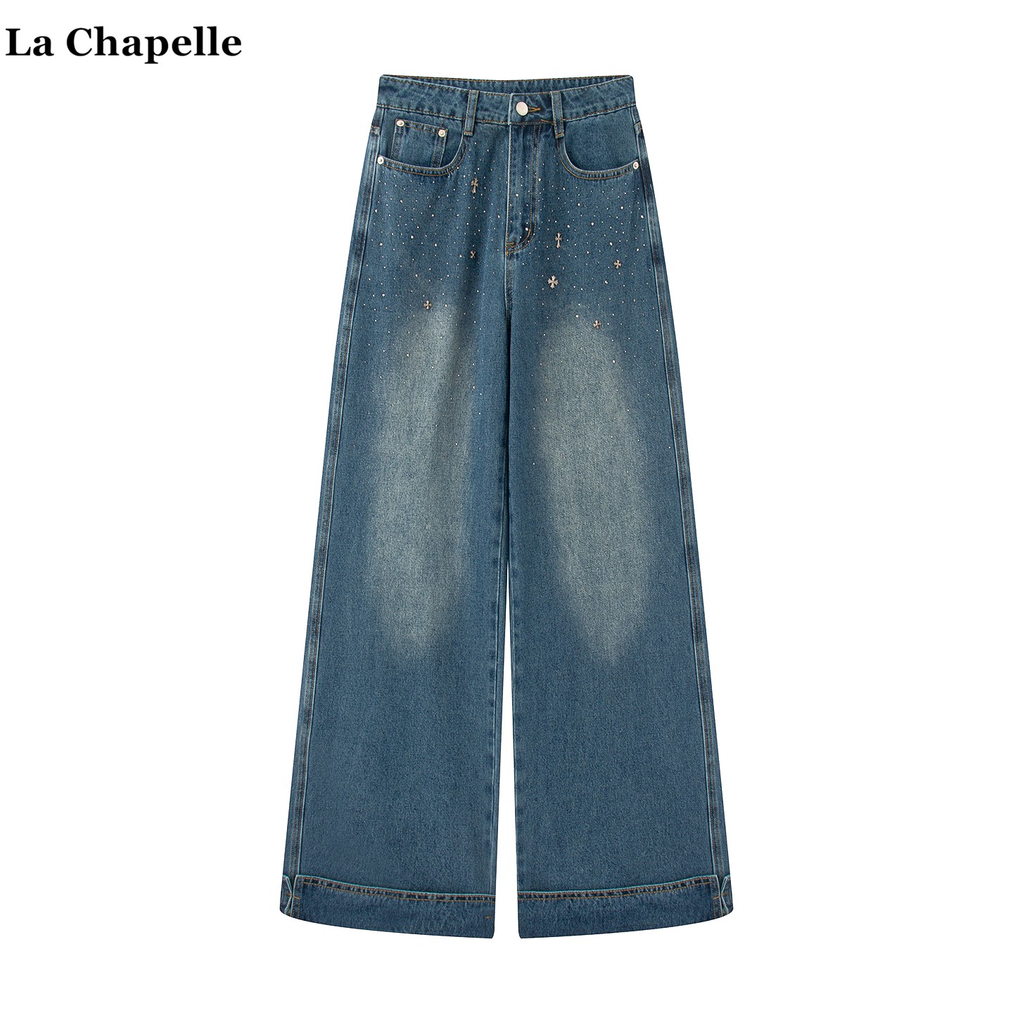 拉夏贝尔/La Chapelle复古钉珠阔腿牛仔裤女高腰显瘦垂感拖地裤子