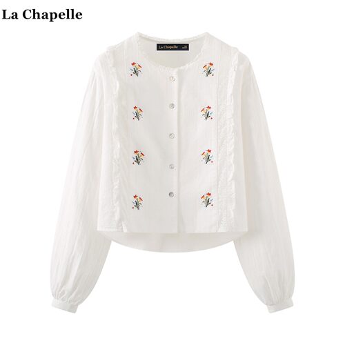 拉夏贝尔/La Chapelle法式绣花长袖衬衫女春季新款木耳边白色衬衣