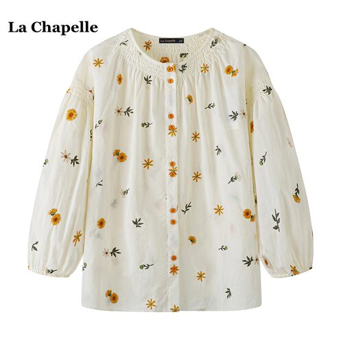 拉夏贝尔/La Chapelle民族风刺绣圆领衬衫女春夏新款圆领宽松上衣
