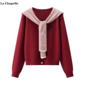 拉夏贝尔 条纹披肩俩件套上衣女 学院风刺绣针织衫 Chapelle秋季