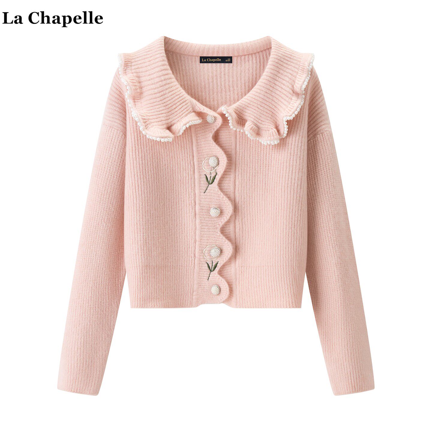 拉夏贝尔/La Chapelle甜美娃娃领钉珠针织开衫女秋冬新款绣花毛衣