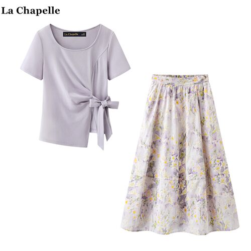 拉夏贝尔/La Chapelle夏季方领绑带T恤a字半身裙法式碎花俩件套女