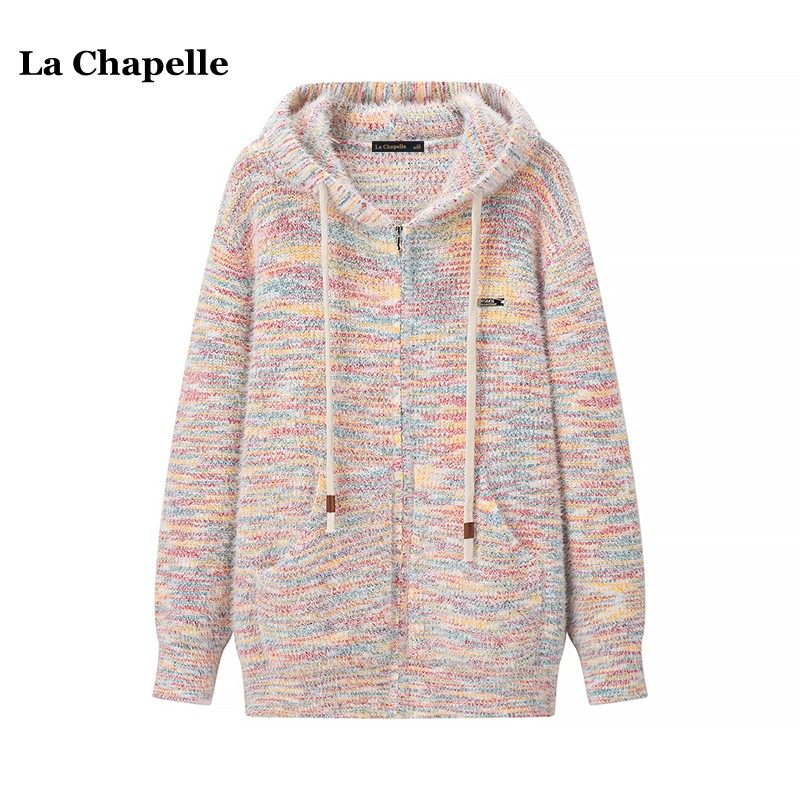拉夏贝尔/La Chapelle秋冬连帽彩色针织开衫女加厚慵懒风毛衣外套