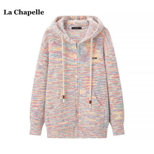 拉夏贝尔/La Chapelle秋冬连帽彩色针织开衫女加厚慵懒风毛衣外套