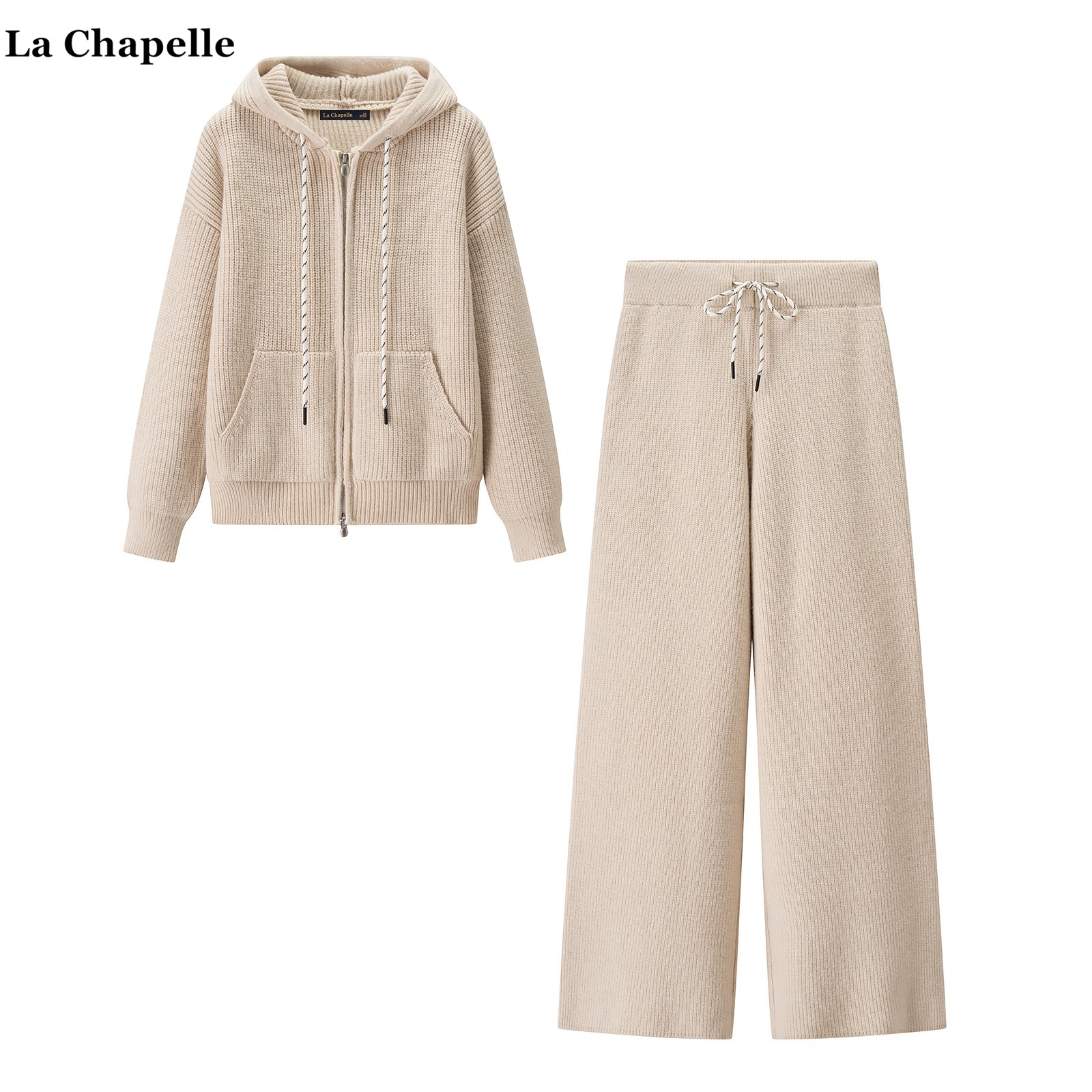 拉夏贝尔/La Chapelle连帽拉链针织开衫高腰阔腿裤秋冬毛衣套装女