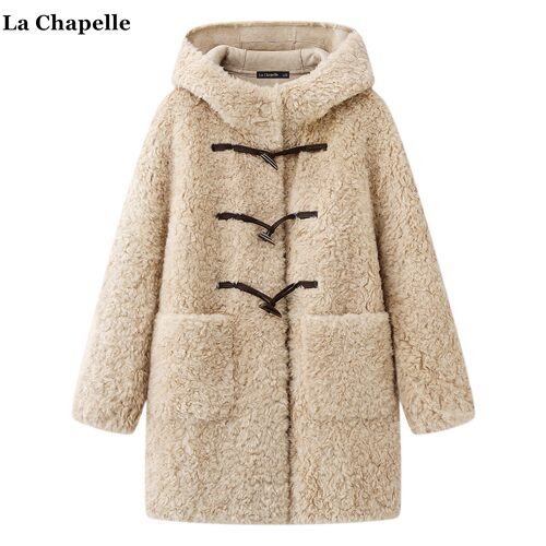 拉夏贝尔/La Chapelle羊羔毛连帽外套女冬新款中长款皮毛一体外套