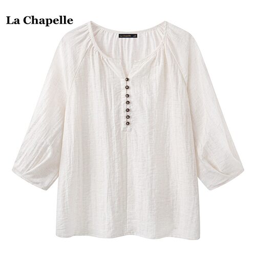拉夏贝尔/La Chapelle春夏新款V领插肩袖宽松衬衣女禅意休闲上衣