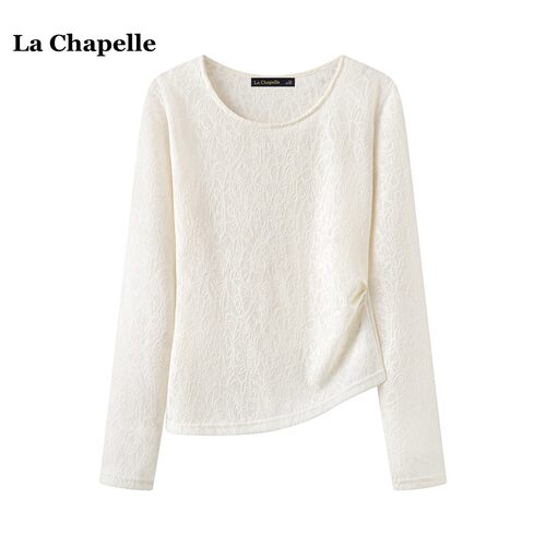 拉夏贝尔/La Chapelle复古提花长袖T恤女春季新款褶皱打底衫上衣