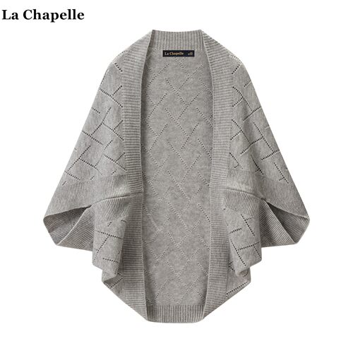 拉夏贝尔/La Chapelle灰色镂空针织开衫女春夏新款高级感斗篷披肩