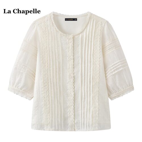 拉夏贝尔/La Chapelle甜美风蕾丝花边短袖衬衫女夏季气质圆领小衫