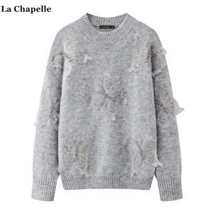 拉夏贝尔/La Chapelle韩系蝴蝶钉珠针织衫女秋冬款高级感套头毛衣