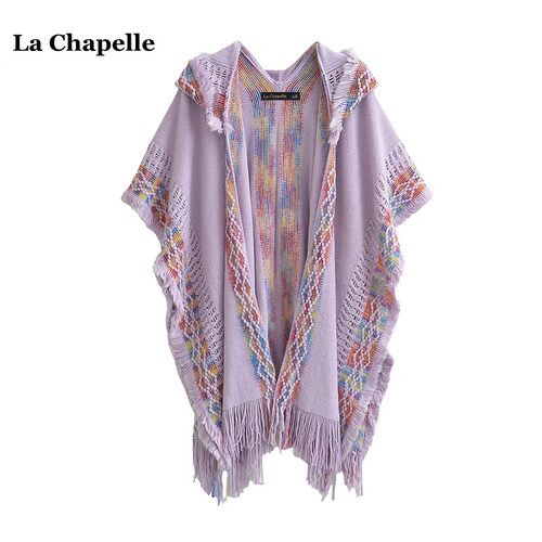 拉夏贝尔/La Chapelle撞色针织衫流苏民族风大披肩连帽斗篷外套女