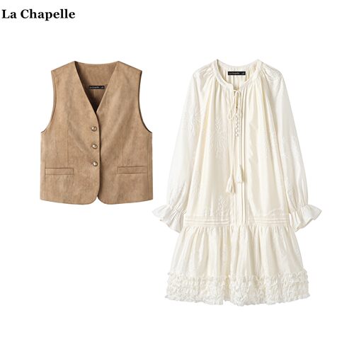 拉夏贝尔/La Chapelle秋季波西米亚刺绣连衣裙麂皮绒马甲俩件套女