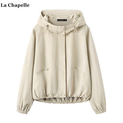 拉夏贝尔/La Chapelle休闲连帽工装外套女秋季新款卡其色短款夹克
