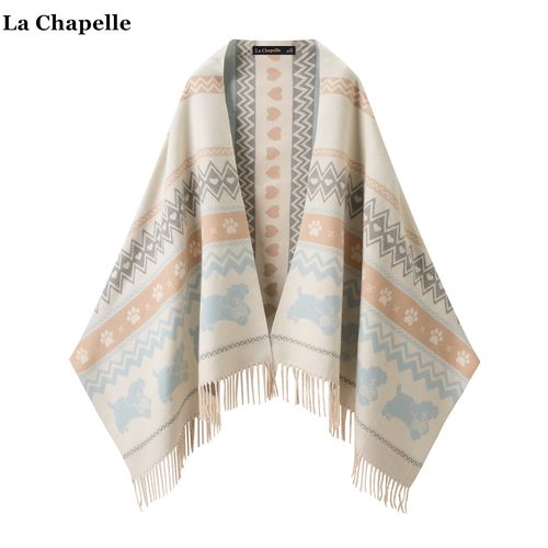 拉夏贝尔/La Chapelle学院风提花针织披肩女秋冬新款双面保暖围巾