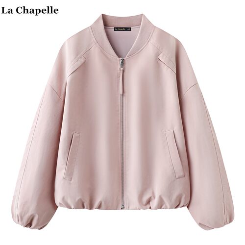 拉夏贝尔/La Chapelle休闲v领拉链段外套女2026春季粉色夹克上衣