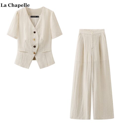 拉夏贝尔/La Chapelle夏季新款短袖西服阔腿裤通勤气质西装套装女
