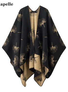 拉夏贝尔/La Chapelle复古提花针织开衫女民族风旅游外搭斗篷披肩