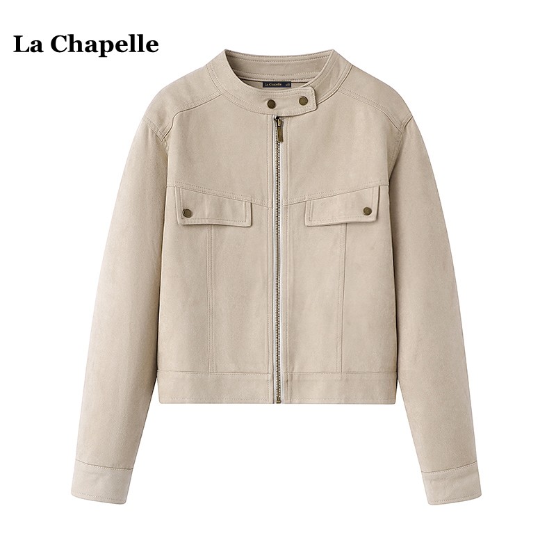 拉夏贝尔/La Chapelle复古麂皮绒卡其色短外套女春季气质百搭夹克