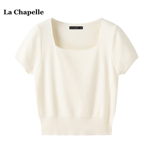 拉夏贝尔/La Chapelle春夏款法式方领短袖针织衫女纯色打底衫上衣